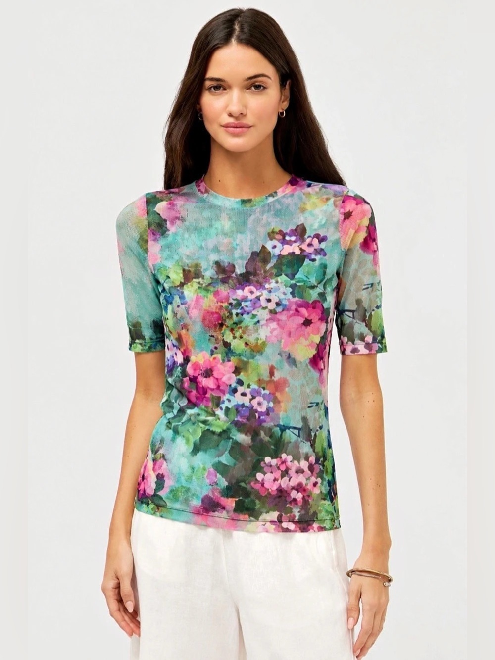 New🌺$138 Johnny Was Magnolia Meadows Mesh Top Watercolor Floral Green Pink S